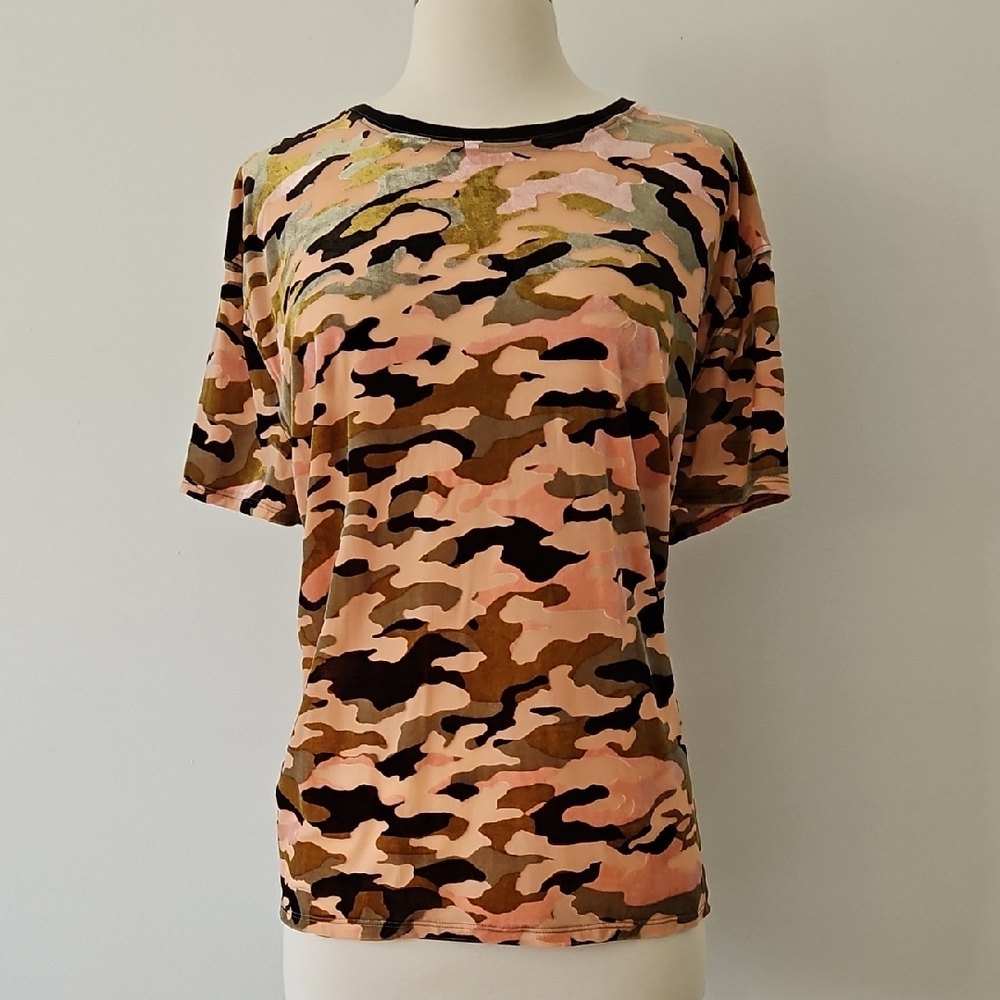 We The Free Peach Camo Top Velvet Semi-sheer Oversized Size Small
